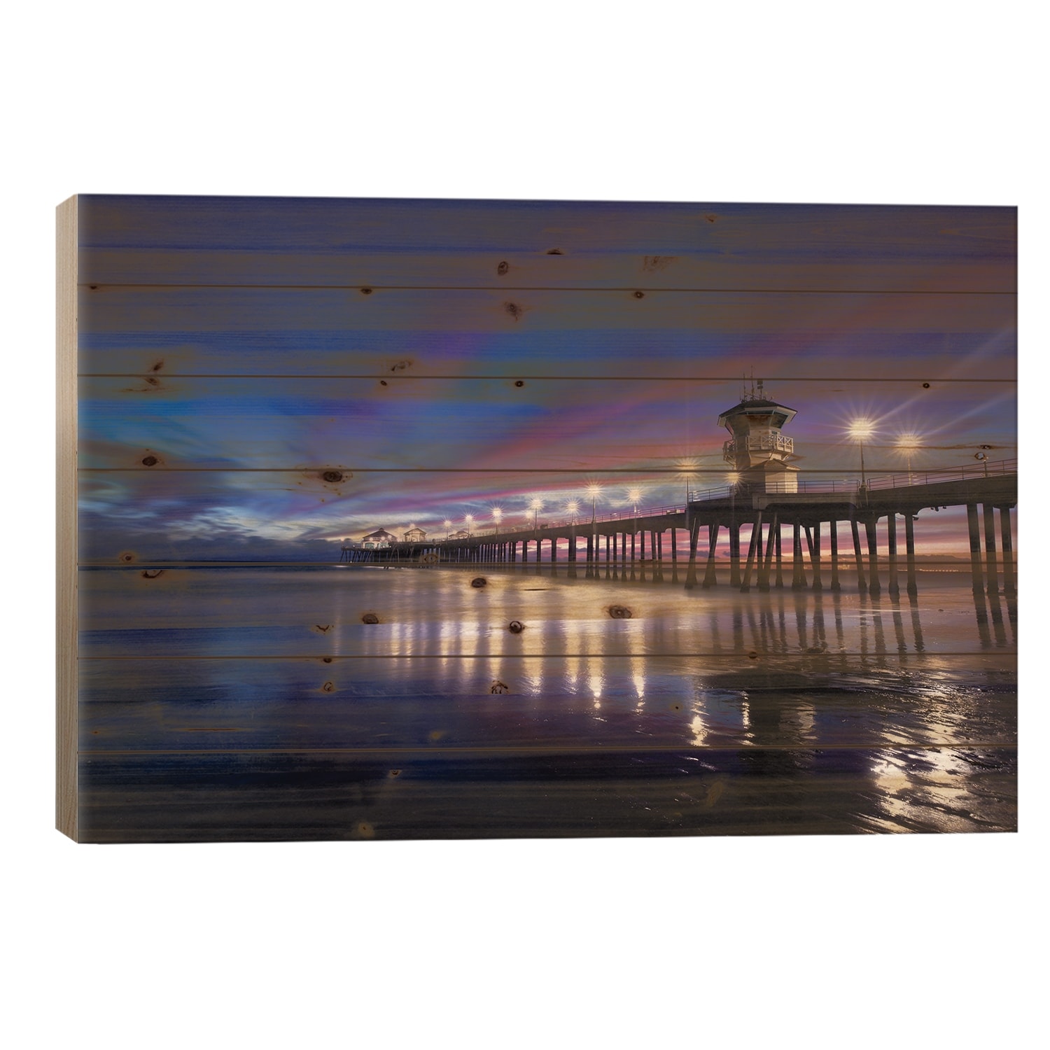 Huntington Beach Pier at dusk, California, USA Print On Wood by Panoramic Images - Multi-Color