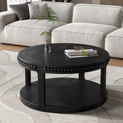 31.5" Round Solid Wood 2-Tier Coffee Table