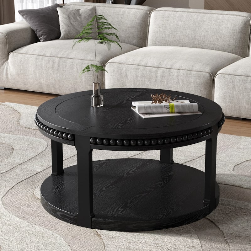 Medieval-Style Round Coffee Table with 2-Tier Storage Shelf and Wood-Grain Tabletop, for Living Rooms, Black