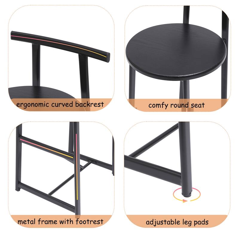 27''H Barstool Set of 3 Wooden Round Bar Stools with Footrest Modern Kitchen Chairs for Counter (Black & Black)