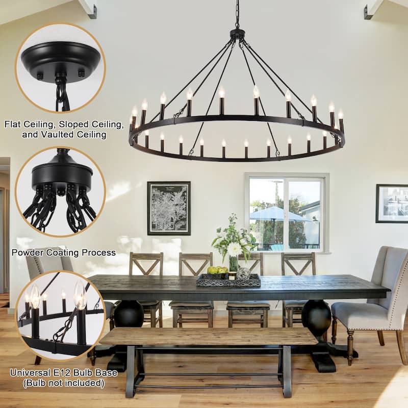 24 - Light 52in. Lagre Dimmable Wagon Wheel Chandelier Farmhouse Round Vintage Candle Style Light - N/A