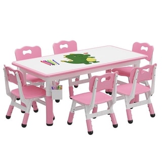 Kids Table and 6 Chair Set with Storage Box, Height Adjustable Toddler Table
