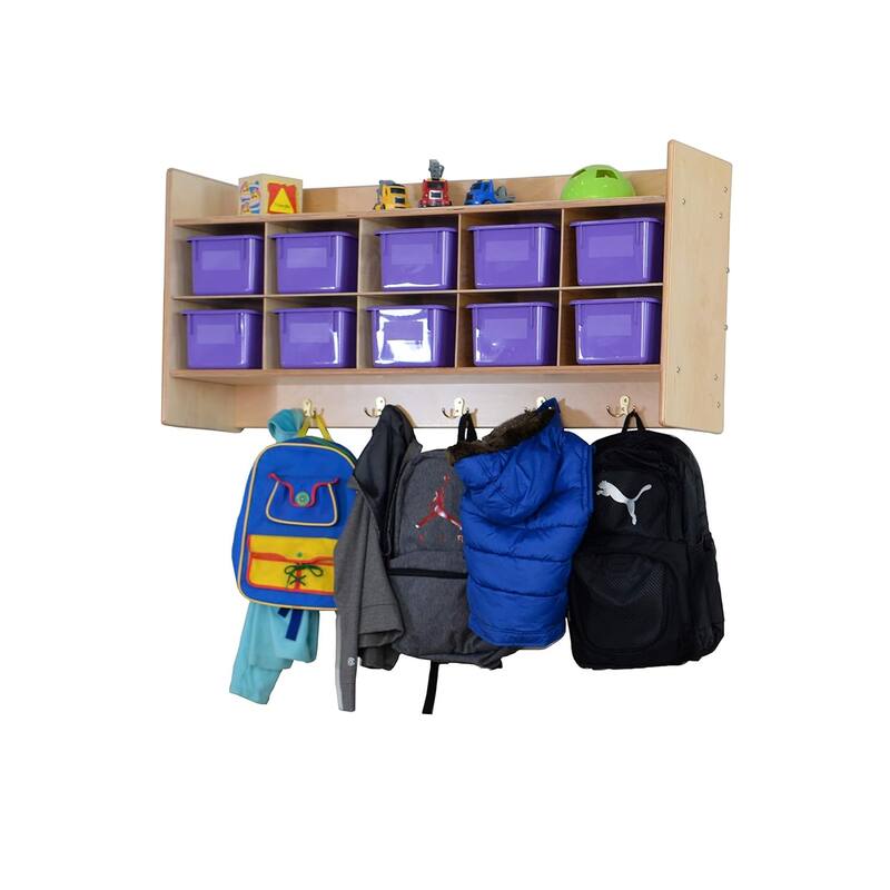 Contender 10 Section Cube Wall Mounted Shelf with Purple Storage Containers for Organizing Toys, Games, School