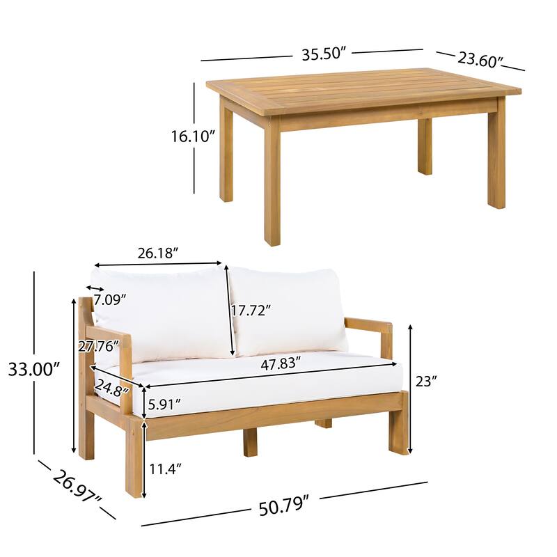 Christopher Knight Home - Outdoor 2-Piece Acacia Wood Patio Chat Set with High-Density Cushioned Loveseat & Coffee Table