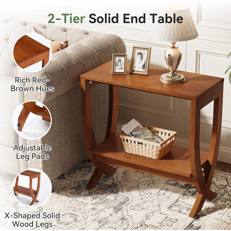 2-Tier Solid Wood End Couch Side Table with Arched Legs for Living Room - 23.6"W × 11.8"D × 23.6"H