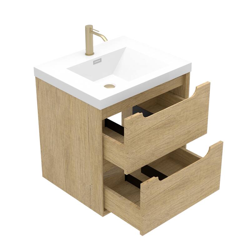 Solid Wood Bathroom Vanity with Integrated Resin Sink, Handle-Free Modern Design - 24"