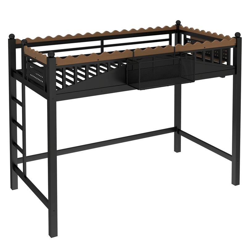 Modern Metal Loft Bed with Shelves & Bookshelf, Ladder Entry, No Box Spring Needed, Multi-Size