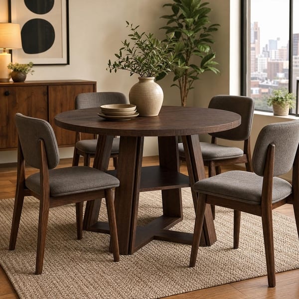 slide 2 of 30, Farmhouse 43" Round Dining Table with Sturdy Wooden Pedestal, Built-in Storage Shelf Red Brown