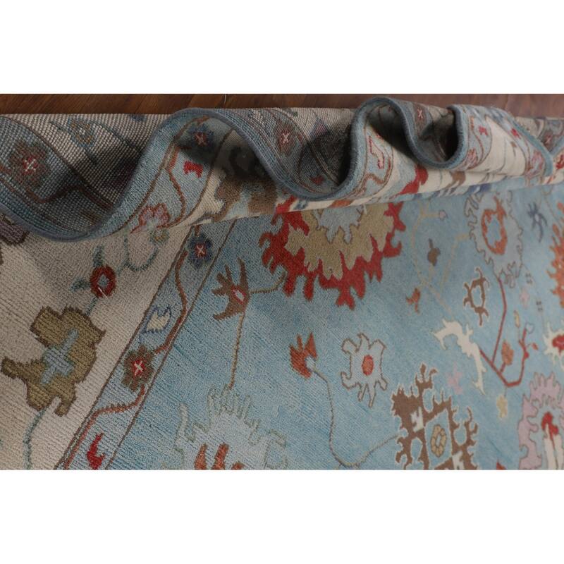 Light Blue Floral Oushak Oriental Large Rug Hand-Knotted Wool Carpet - 10'1" x 13'9"