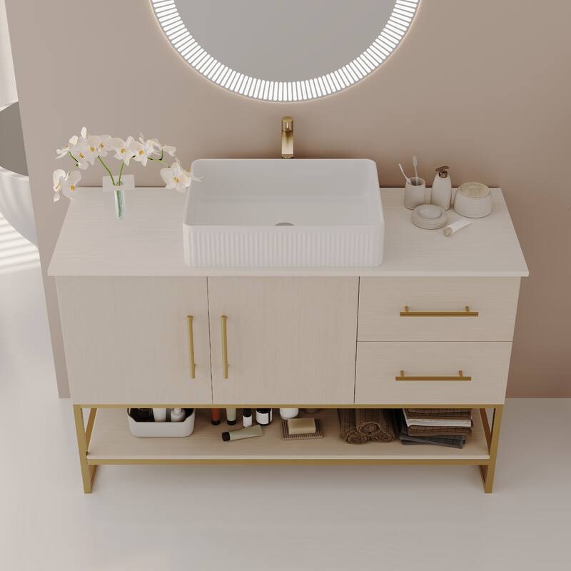 47.2 Inch Modern Bathroom Vanity with Ceramic Vessel Sink and Gold Accent