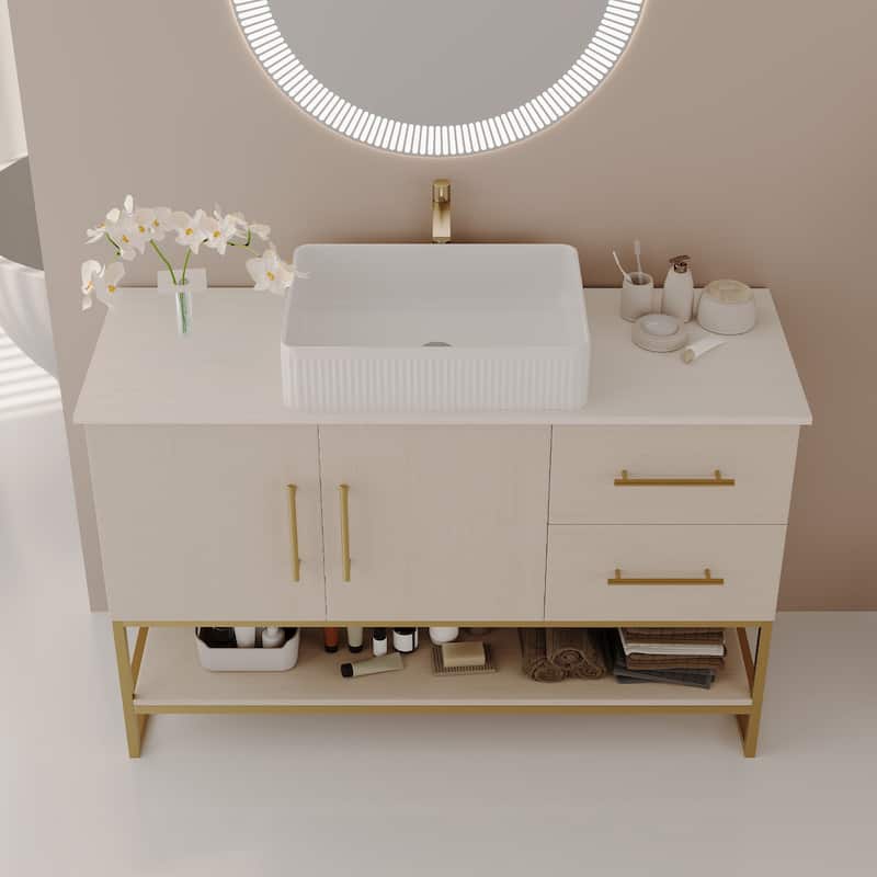 All-in-one Bath Storage Set, Freestanding Bathroom Vanity with Vessel Textured Ceramic Sink and Gold Stainless Steel Base