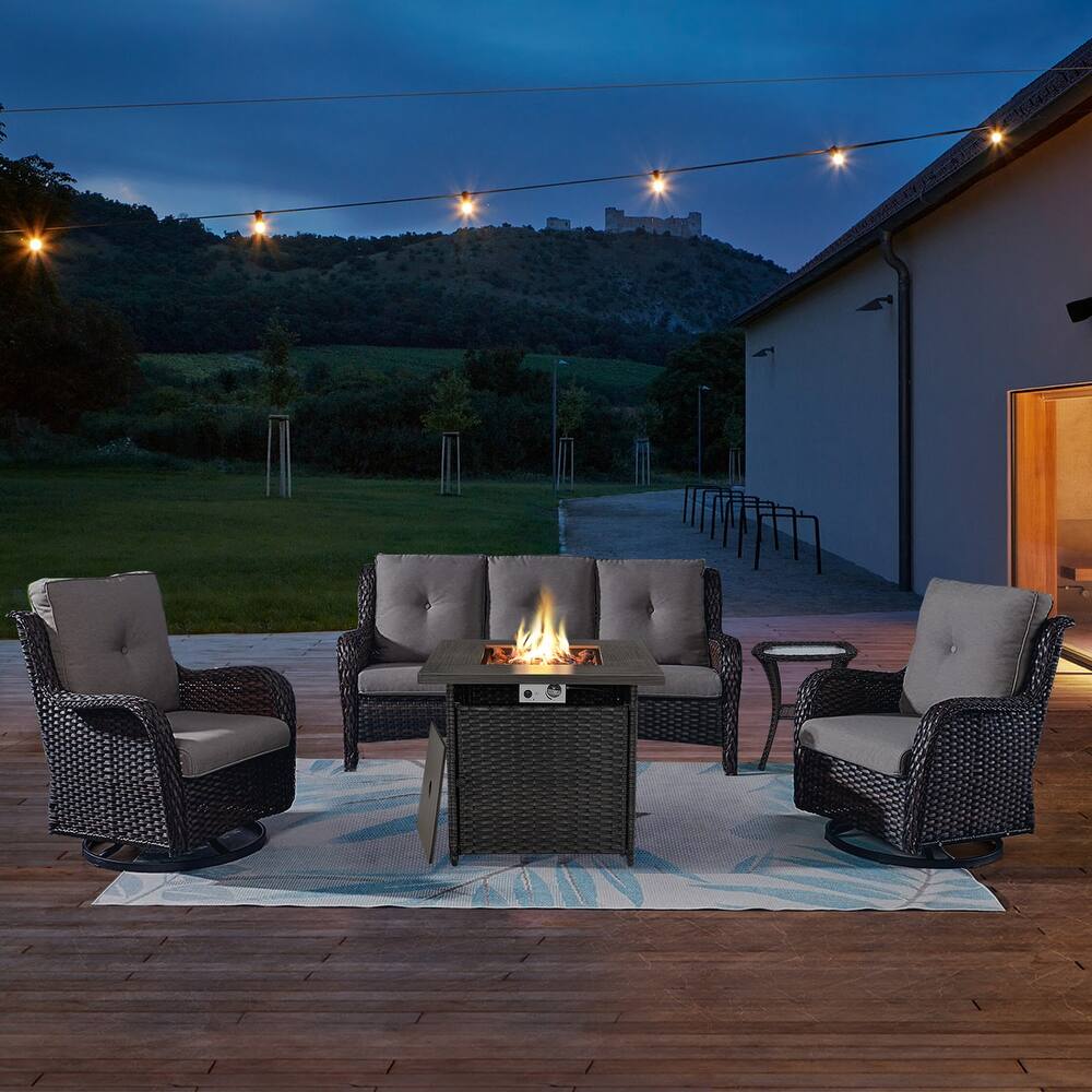 Gymojoy Outdoor Wicker 3-Seat Sofa with Fire Pit Table Swivel Chiar Table