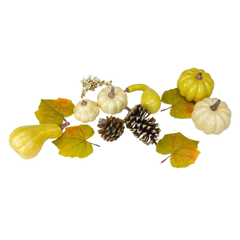 12 Crackled Glitter Fall Pumpkin Gourd Berry Pine Cone Decoration Set