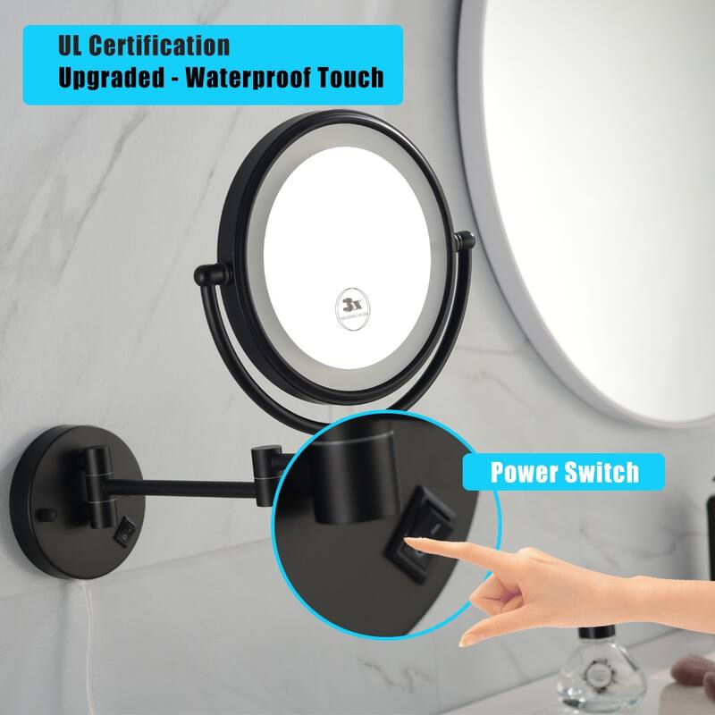 LED Wall-Mounted Two-Sided Makeup Vanity Mirror, 8-Inch, Waterproof with 1X/3X Magnification and Adjustable Arm