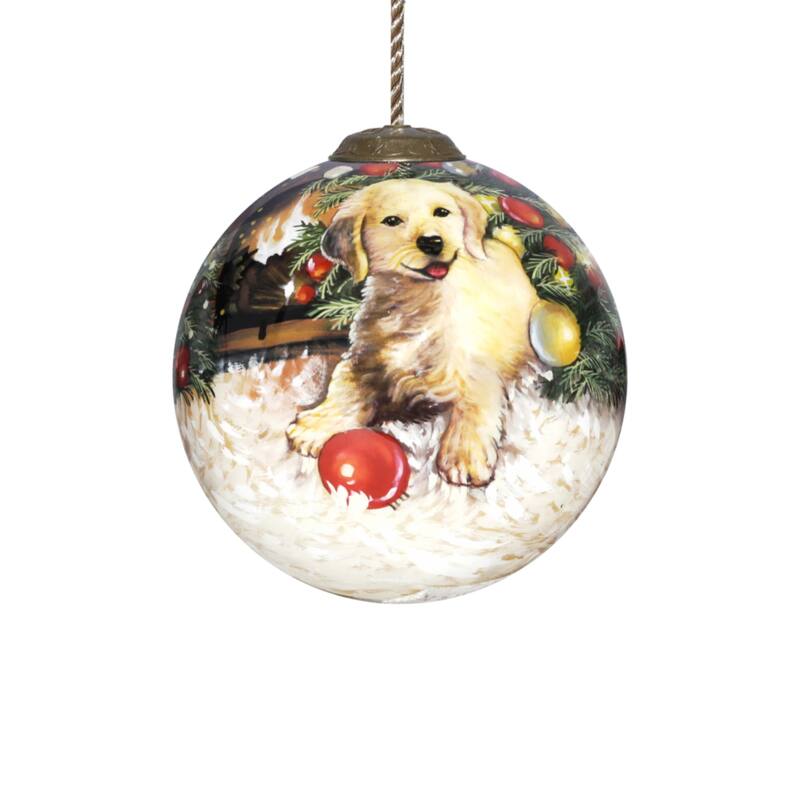 HomeRoots Puppy under the Christmas Tree Hand Painted Mouth Blown Glass Ornament - 3" x 3" x 3"