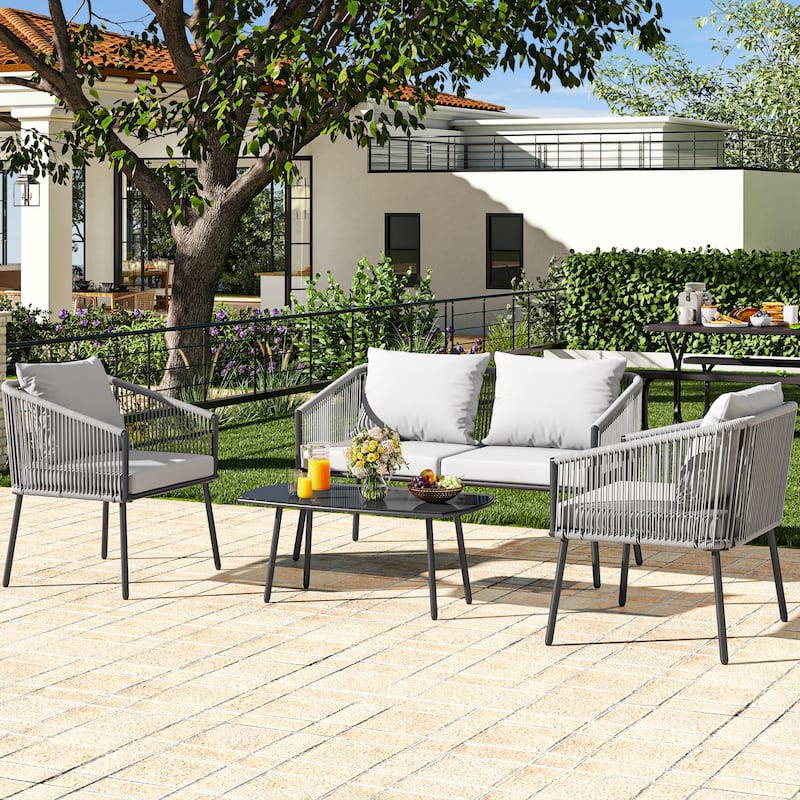 5-Piece Patio Wicker Sofa with Cushions - 47.2"L x 26.6"W x 14.8"H