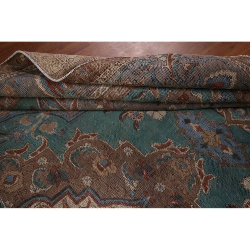 Gray Geometric Tabriz Persian Antique Area Rug Handmade Wool Carpet - 10'1" x 12'7"