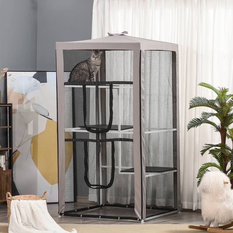 Grey-White-Black Metal Cat House with 3 Platforms and Outdoor Stability