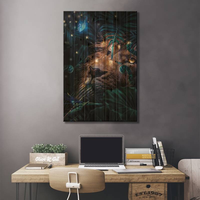 Lion In The Forest, Fireflies Lighting The Night Print On Wood by Adrian Vieriu - Multi-Color