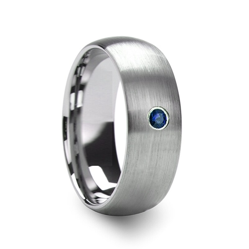 Melanthios Men S Domed Brushed Tungsten Wedding Ring With Blue Diamond Center 6mm On Sale Overstock 16985694