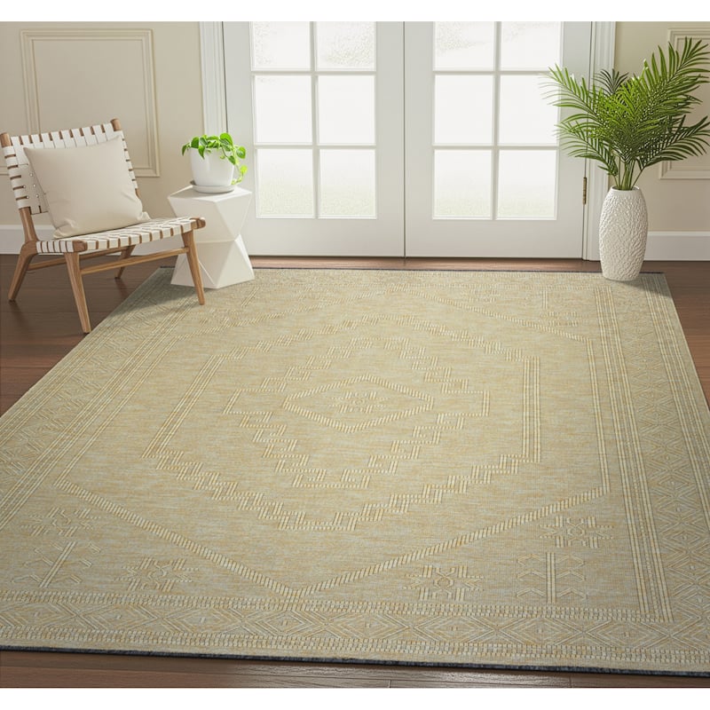 Alameda Solid Color Medallion Machine Washable Indoor Area Rug