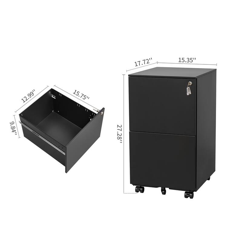 Modern Mobile File Cabinet, Lockable File Cabinet with 2 Drawers, Anti-tilt Wheels and Lock, for Home Offices, Black