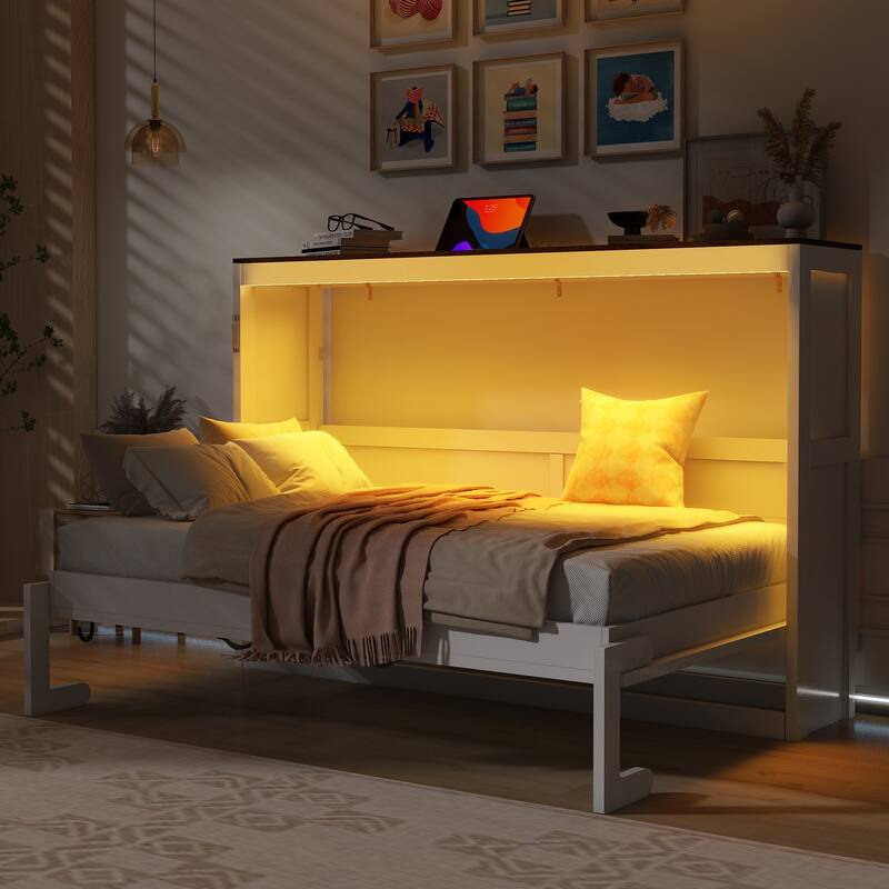 Foldable Cabinet Bed with Hydraulic Lift and 7-Color LED Lighting by Harper&Bright Designs