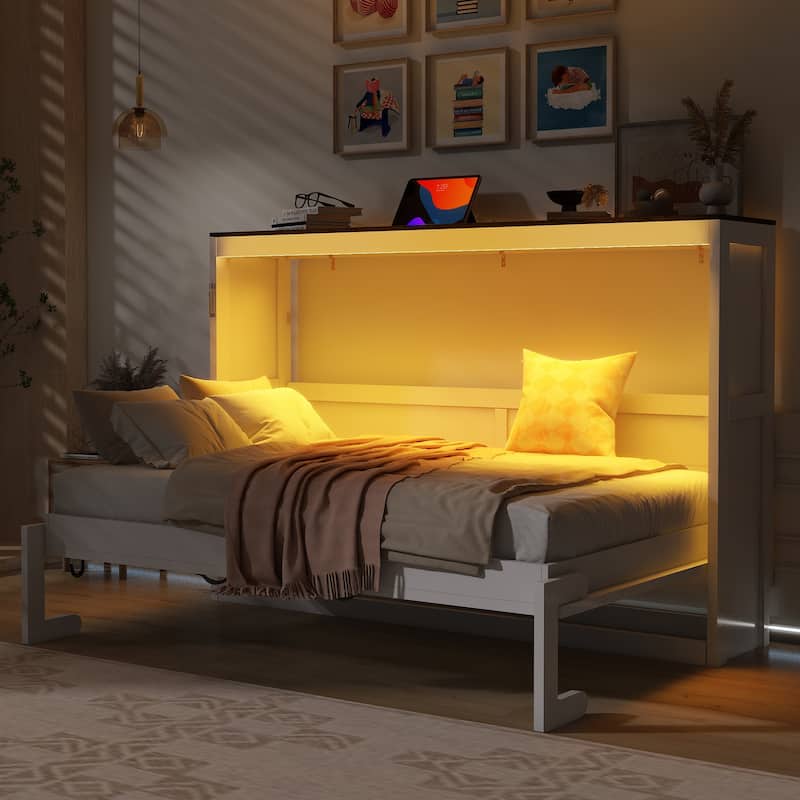 Space-Saving Foldable Twin Bed with LED Light and Cabinet, White+Brown