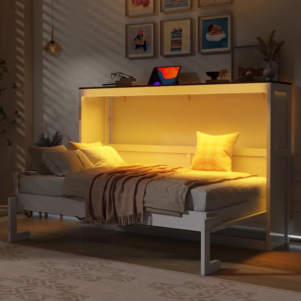 Twin Size Murphy Bed Wall Bed with LED and Hydraulic Lift System, Hidden Bed with Brass Handle Space-Saving Sleeping Arrangement