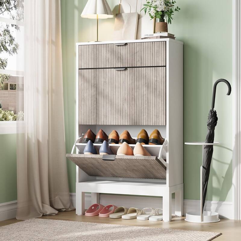 Shoe Storage Cabinet with 2 Flip Drawers and A Drawer
