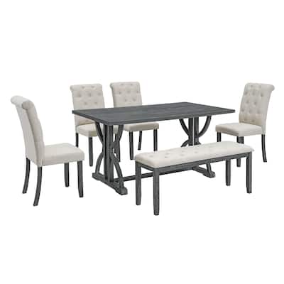 6-Piece Dining Set with Rectangular Table 4 Upholstered Chairs and 1 Bench
