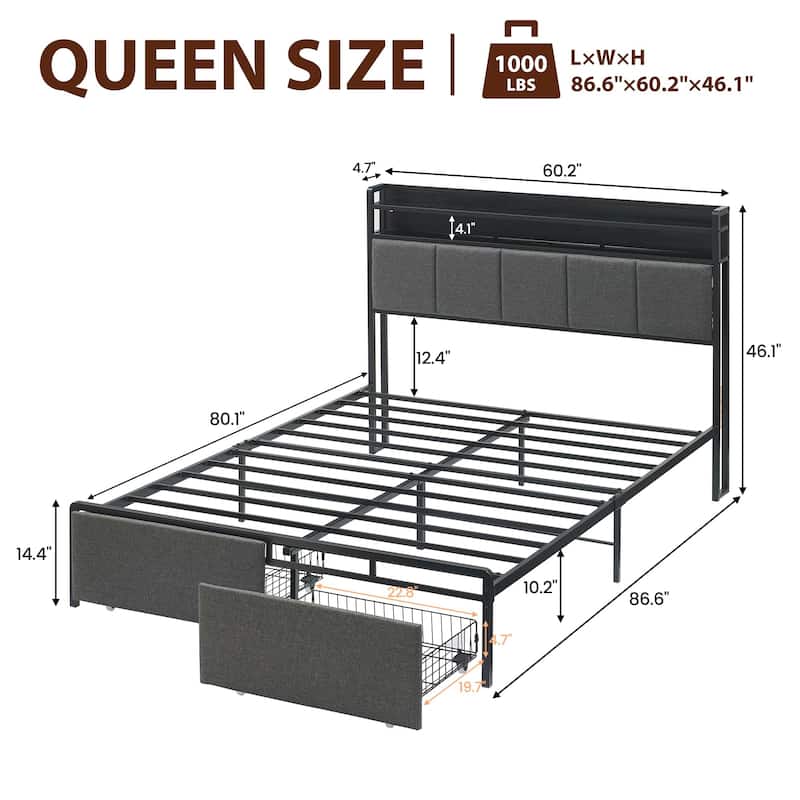 Vintage Platform Bed Frame with Storage Drawers