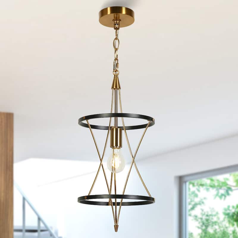 Modern 1-Light Black Gold Pendant Drum Kitchen Island Lights for Dining Room - D 9.6" x H 81.5" Max