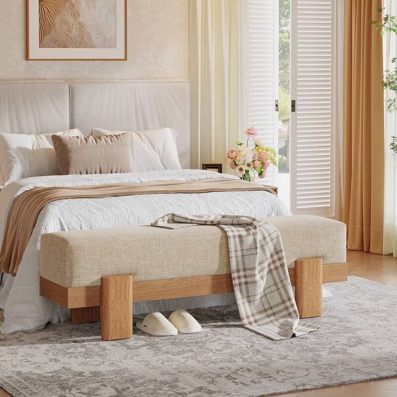 Upholstered Entryway Bench, Modern Shoe Bench, End of Bed Stool Accent Seat for Bedroom, Entrance, Living Room - Beige+Oak
