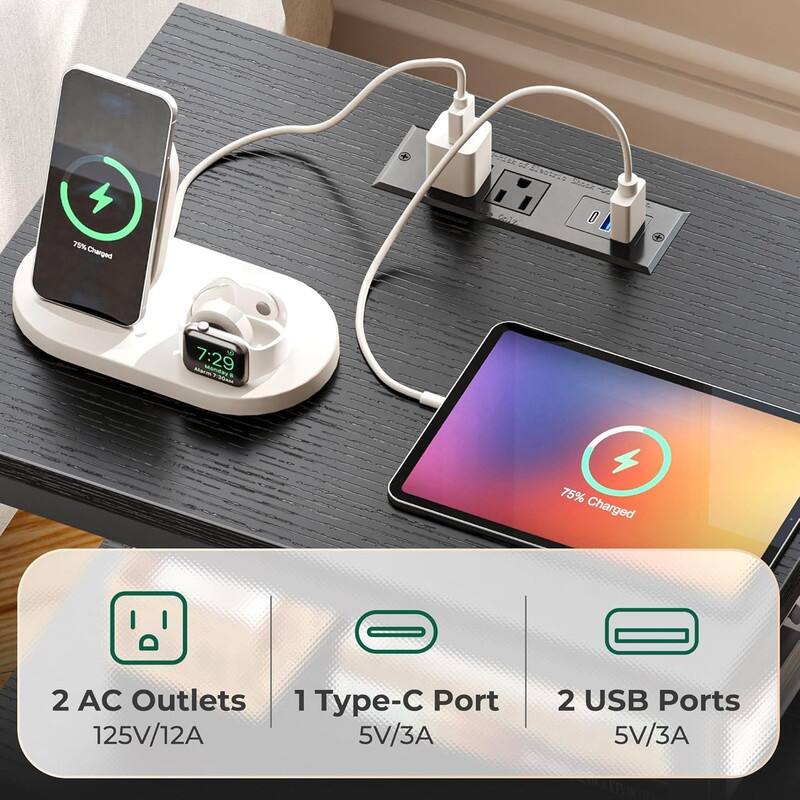 2 Drawer Night stand with Charger Station and LED Lights