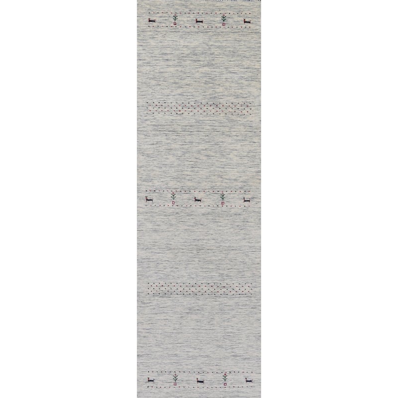 Hand Knotted Oriental 100% Wool Carpet Tribal Animal Pictorial Beige & Ivories Gabbeh Runner Rug - 9' 11'' X 2' 5''