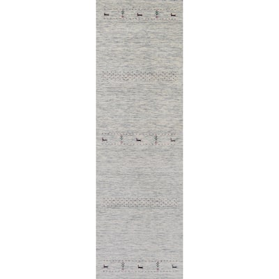 Hand Knotted Oriental 100% Wool Carpet Tribal Animal Pictorial Beige & Ivories Gabbeh Runner Rug - 9' 11'' X 2' 5''