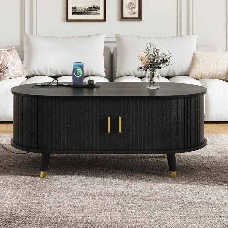 42.5" Wood Oval Coffee Table with Charging Station, Mid-Century Center Table with Sliding Tambour Door, Farmhouse Cocktail Table
