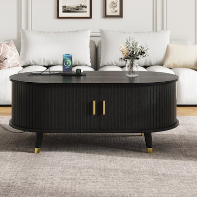 Oval Wood Coffee Table with Charging Station, Floor-standing Fluted Center Table, Cocktail Table with Sliding Tambour Door