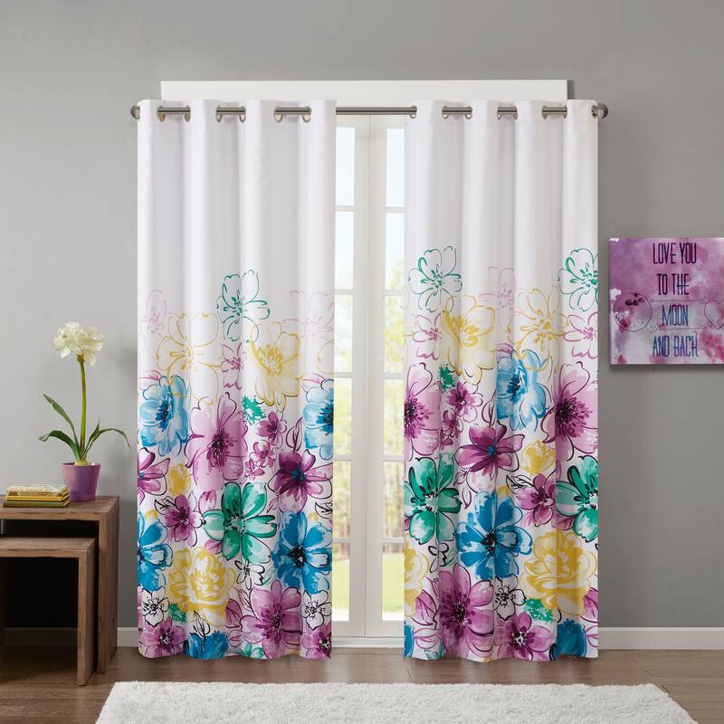 Intelligent Design Olivia Printed Lined Total Blackout Window Curtain - Blue