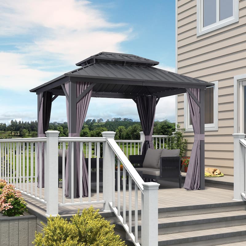 PURPLE LEAF Gazebo Outdoor Gazebo with Dual-Layer Galvanized Steel Double Roof Aluminum Gazebo with Netting and Curtains Grey