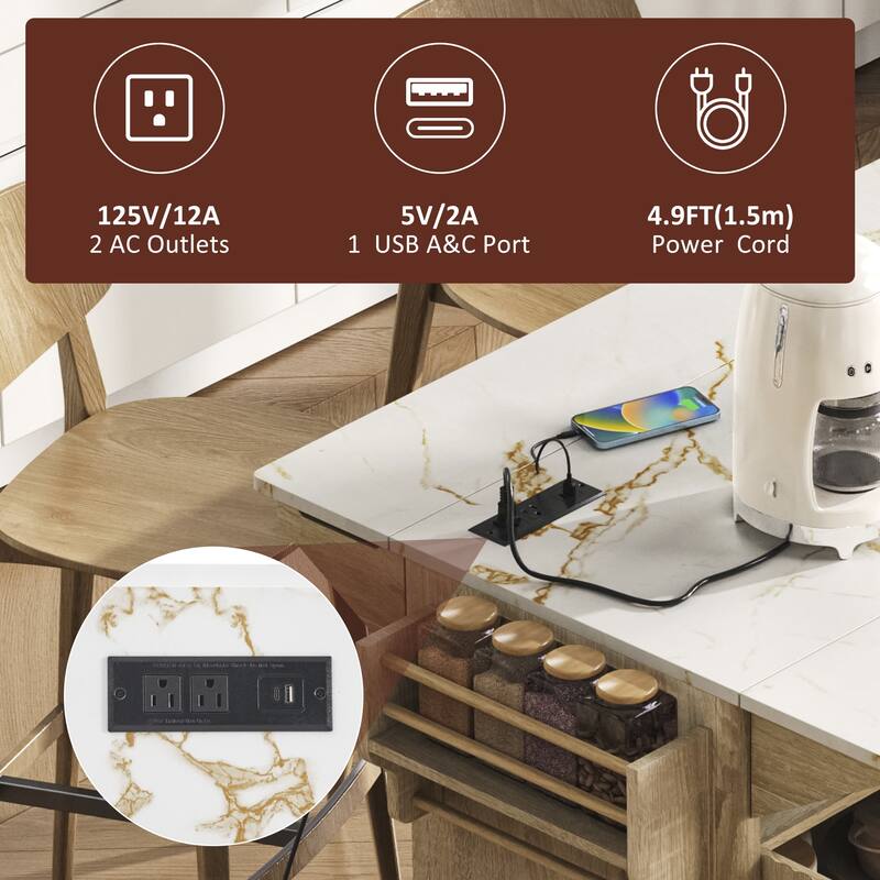 55.5" Fluted Kitchen Island with 2 Drop Leaf, Power Outlet, 4 Doors & Spice Rack