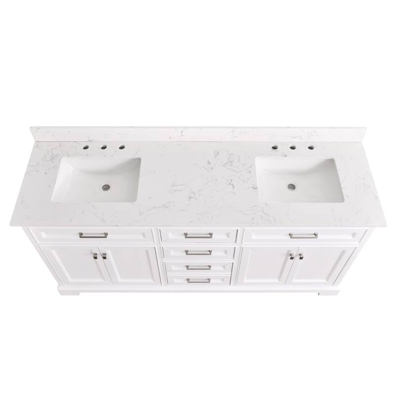 Prismarble Bathroom Vanity 72 in White with Marble Top & Backsplash, Double Sinks