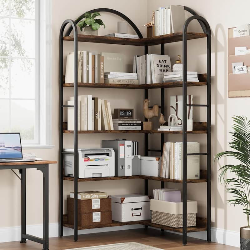 5-Tier L-Shaped Corner Bookshelf, Freestanding Storage Display Shelf for Living Room - N/A - Brown