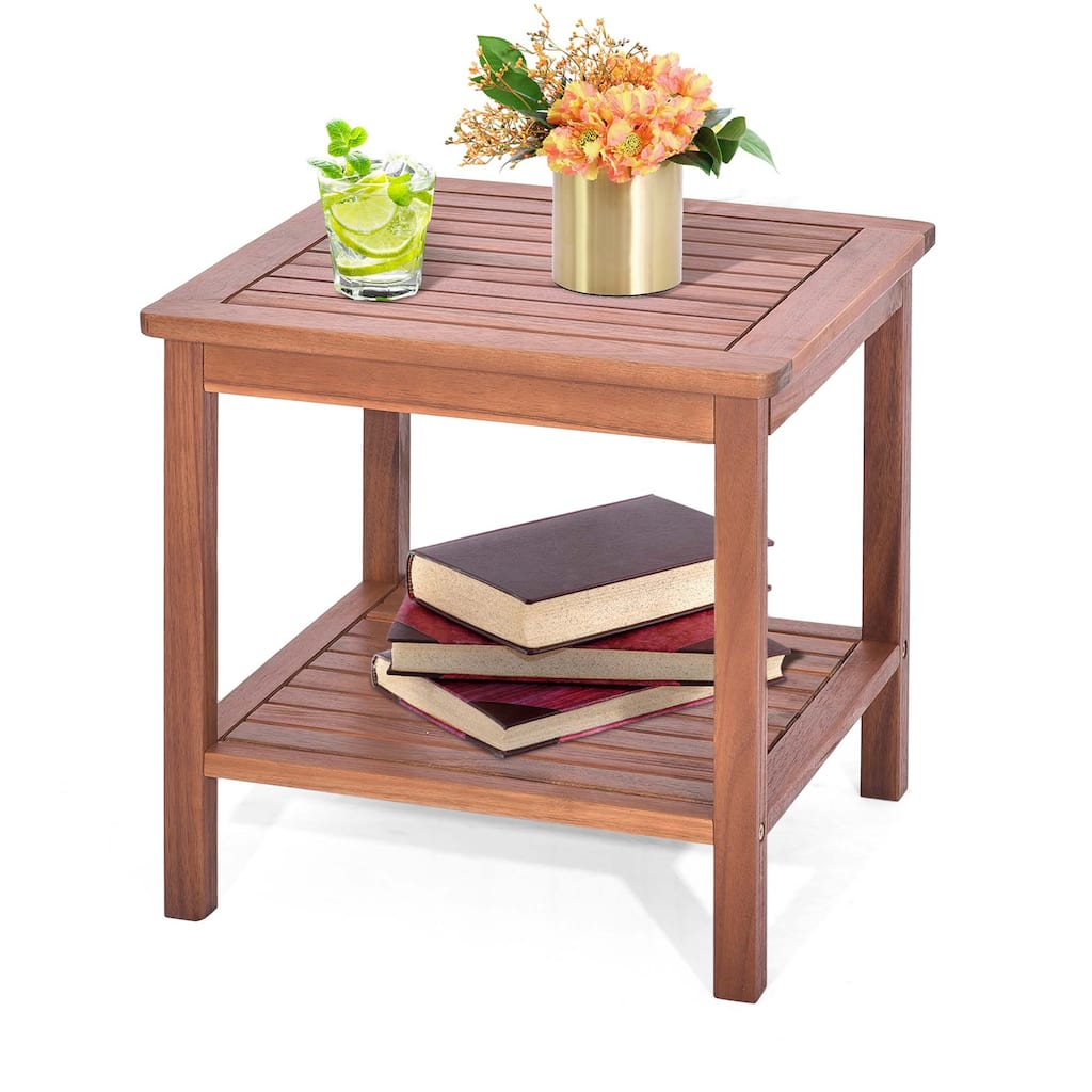 Costway Patio Acacia Wood Side Table 2-Tier Square End Table Porch - See Details