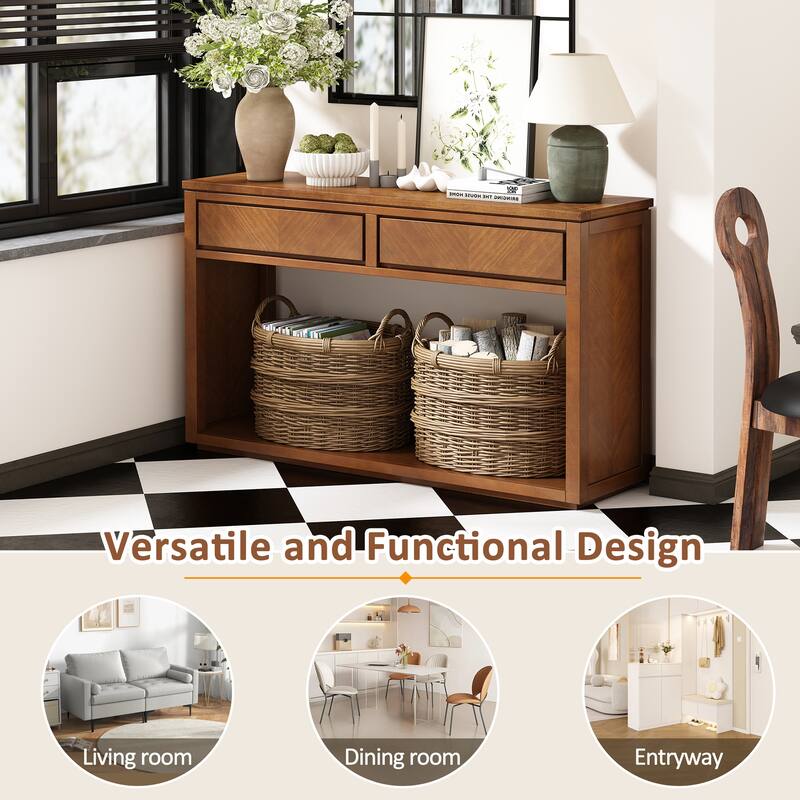 Brown Rustic Wooden Console Table with Storage Drawers