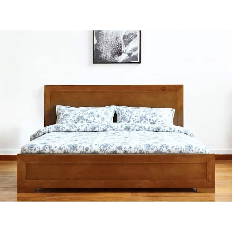 HomeRoots Oak Inlaid Panels Solid Wood Full Bed Frame - Full