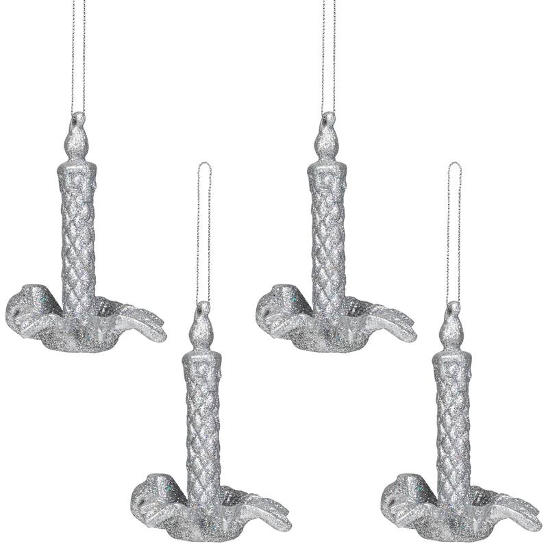 Glitter Drenched Candlestick Christmas Ornaments - 4" - Silver - Set of 4