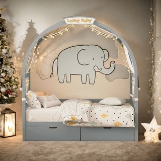 Twin Ground-Level Canopy Bed with Tent and Drawers,Kids Bed Design