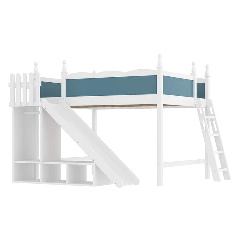 Queen Loft Bed with Storage Shelves and Wardrobe, Solid Wood Loft Beds with Detachable Slide and Ladders, No Spring Box Needed